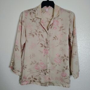 Silk Women's Floral Beige and Pink Women's Top 3/4 Sleeves Sz M 100% Silk